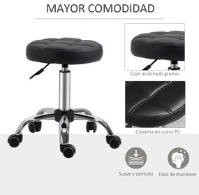 HOMCOM Banco Giratório com Rodas Altura Ajustável entre 48-63cm Banco de Trabalho Estofado em Couro PU para Salão Dentista Diâmetro Ø35,5cm Preto