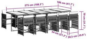 11 pcs conjunto jantar p/ jardim c/ almofadões vime PE cinzento