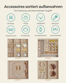 Caixa para joias de 4 níveis com tampa de vidro 20,3 x 23,1 x 16,5 cm Ideia para presente Branco-nuvem e dourado