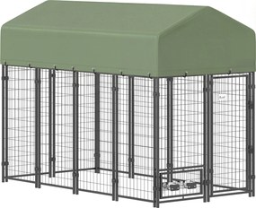 PawHut Recinto para Cães de Exterior em Aço com Teto em Tecido Oxford, Anti-UV, Impermeável, 2 Tigelas, Verde | Aosom Portugal