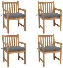 vidaXL Cadeiras de jardim c/ almofadões cinzentos 4 pcs teca maciça