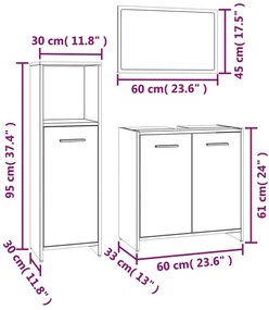 3 pcs Conjunto móveis casa de banho madeira proc. cinza sonoma