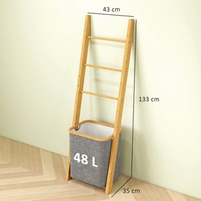 Estante para Casa de Banho de Bambu com 3 Barras e Cesto para Roupa Suja Removível de 48 L 43x35x133 cm Cinzento