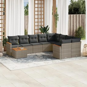 10 pcs conjunto sofás de jardim c/ almofadões vime PE cinzento