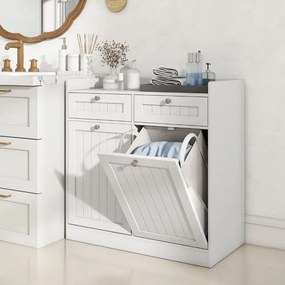 Armário para roupa suja 79 x 40 x 80 cm com dupla inclinação com Estante, 2 gavetas e 2 sacos para roupa suja removíveis Branco