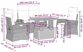 4 pcs conjunto de jardim p/ jardim c/ almofadões vime PE preto