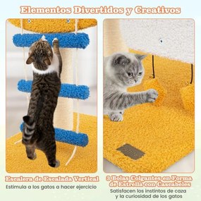 Arranhador para gatos com tema de aviação com poleiro de helicóptero Plataforma Escada 3 brinquedos Amarelo