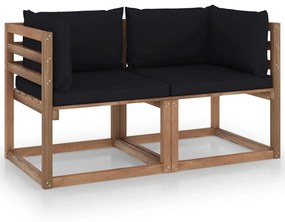 vidaXL Sofá de paletes p/ jardim 2 lug. com almofadões pretos pinho