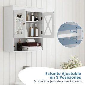 Armário de parede de casa de banho 54 × 20 × 60 cm com prateleira ajustável Prateleira aberta com 2 portas transparentes Branco