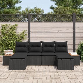 Conjunto de Sofá de Jardim de 6 Peças com Almofadas Pretas de Rattan P