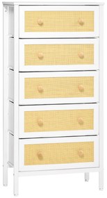 Cómoda Estilo Bohemio com 5 Gavetas de Tecido Dobráveis Superfície de Vime PE e Estrutura de Aço 62x30x126,5 cm Branco