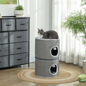 Cama para gatos modular em forma de barril com arranhador, com fecho de correr, separável, 3 níveis e duas bolas, Ø 42 x 69 cm (altura), cinzento