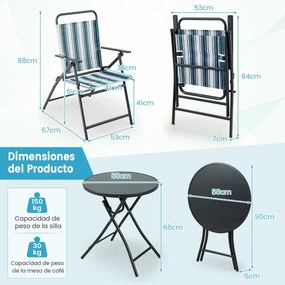 Conjunto de mesa dobrável de jardim e 2 cadeiras com tecido texteline respirável e estrutura de metal para quintal, piscina e varanda Riscas