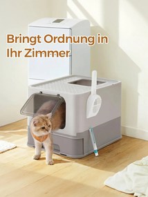 Caixa de areia para gatos com tampa 54,3 x 42,5 x 37,8 cm, tabuleiro extraível cinzento