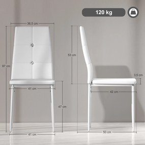 Conjunto de 6 Cadeiras de Sala de Jantar (MESA NÃO INCLUIDA) Estofadas em PU Cadeiras de Cozinha com Encosto Alto com Botões 41x50x97 cm Branco