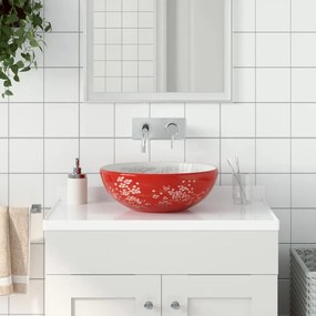 vidaXL Lavatório de bancada redondo Φ41x14 cm cerâmica branco/vermelho