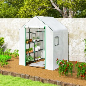 Estufa de Jardim Pequena de 3 Níveis com 6 Prateleiras Porta Enrolável e Capa de PE 140x143x190 cm Branco