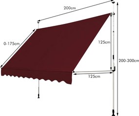 Toldo Exterior Terraço varanda 200 x 125 cm  Altura Ajustável 2-3 m com Manivela e Resistente às Intempéries Cor de Vinho
