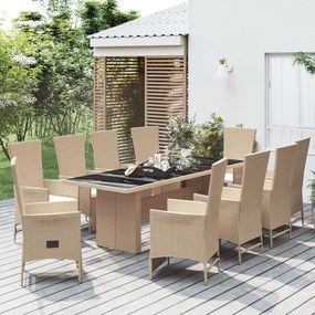 vidaXL 11 pcs conjunto de jantar p/ jardim com almofadões vime PE bege
