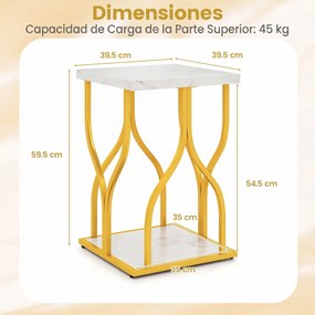Mesa de apoio Quadrada, 39,5 x 39,5 x 59,5 cm, 2 Níveis de Arrumação imitação mármore, Dourado
