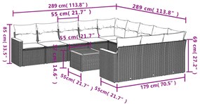 12 pcs conjunto de sofás jardim c/ almofadões vime PE cinzento