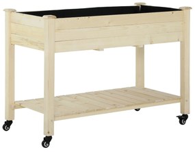 Horta urbana mesa de cultivo elevada de madeira com prateleira tecido Geotêxtil rodas com Freios portátil para Jardim 118x55x83 cm Cor Natural