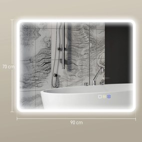 Espelho de casa de banho LED com Bluetooth, 70 x 90 cm, interruptor tátil, iluminação regulável, 3 cores, antiembaciamento, memória, prateado