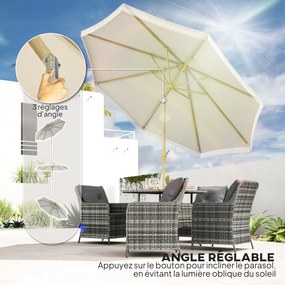 Guarda-sol de jardim inclinável com manivela e franjas, estilo boémio, 8 varas, Ø 265 x 244 cm, branco