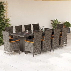 vidaXL 11 pcs conjunto jantar p/ jardim c/ almofadões vime PE cinzento