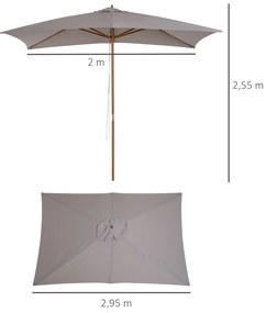 Chapéu de Sol de Jardim com Sistema de Poli Teto Ventilado e Mastro de Madeira para Exterior 2,95x2x2,55m Cinzento