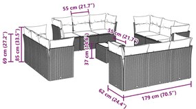 13 pcs conj. sofás jardim c/ almofadões vime PE cinzento-claro