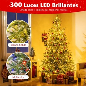 Árvore de Natal artificial pré-iluminada com dobradiças, 210 cm, com 300 luzes LED em branco quente e multicoloridas, 11 modos, 678 pontas verde