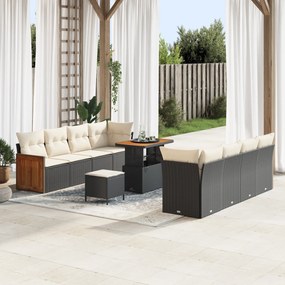 Conjunto de Sofá para Jardim com 11 Peças e Almofadas Preto Poliéster Vime Acácia