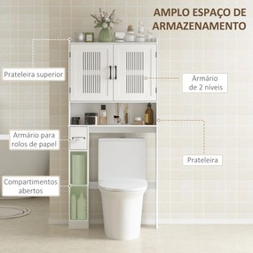 Armário sobre Sanita com Prateleira Ajustável 2 Portas Suporte para Papel Higiênico Armário para Máquina de Lavar 80x19,5x170 cm Branco