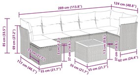 8 pcs conjunto sofás de jardim c/ almofadões vime PE cinzento