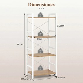 Estante de 4 níveis, Estrutura metálica resistente, design antideslizamento, 41,5 x 27,5 x 100 cm, natural e branco