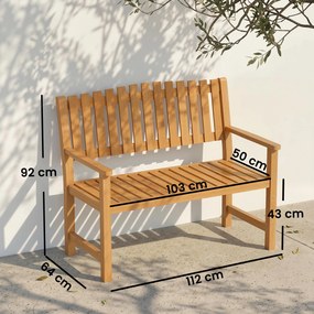 Banco de jardim 112 x 64 x 92 cm, de 2 lugares, carga máxima de 320 kg, com braços, madeira de acácia natural