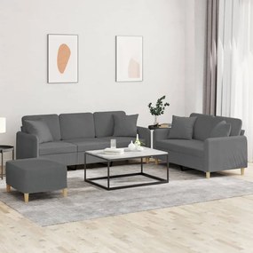 3 pcs conjunto de sofás com almofadas tecido cinzento-escuro
