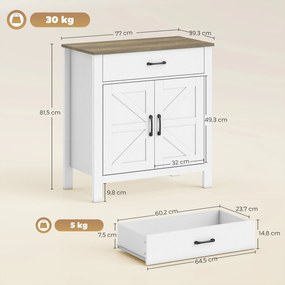 Aparador de sala 77 x 39,3 x 81,5 cm, móvel de arrumação com 2 portas de estilo celeiro, gaveta e prateleira ajustável, branco e castanho