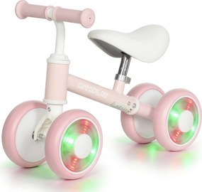 Bicicleta de Equilíbrio para Bebé, 52 x 22 x 37 cm, 4 Rodas Luminosas, Rosa