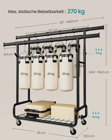 Guarda roupa aberto, cabide ajustavel, com prateleira e ganchos 52,5 x (107-149,8) x (144,2-164,2) preto
