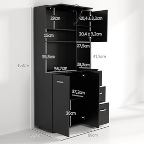 Armário de cozinha com vários compartimentos, 4 portas, 3 gavetas, prateleira + tabuleiro grande, 89 x 39,5 x 168 cm, preto