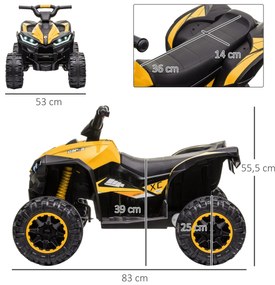 Moto 4 Elétrica para Crianças de 3-5 Anos Veículo Eléctrico a Bateria 12V com 2 Motores 83x53x55,5 cm Amarelo