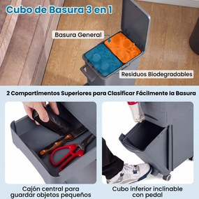Caixote do lixo multifuncional 36 x 25 x 84 cm com pedal, base inclinável, gaveta com 2 compartimentos e autocolantes de classificação para cozinha e