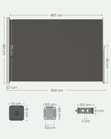 Toldo lateral de 180 x 500 cm com caixa de aço antracite