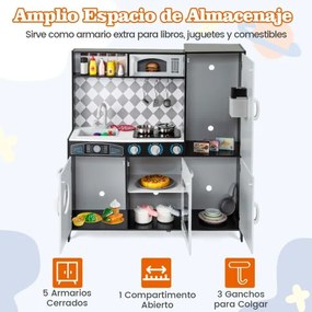 Cozinha de brincar em madeira 91 x 30 x 102 cm com máquina de gelo, fogão, máquina de lavar, forno, micro-ondas, sons e luzes reais para crianças com