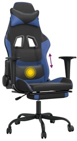 Cadeira gaming massagens c/ apoio pés couro artif. preto/azul