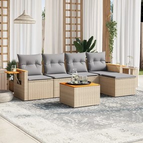 6 pcs conjunto de sofás p/ jardim com almofadões vime PE bege