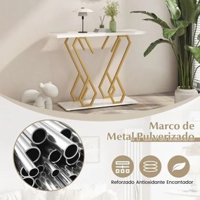 Mesa Consola de entrada em mármore artificial Mesa de consola moderna com tampo em mármore e estrutura metálica para sofá 100 x 30 x 79 cm Branco