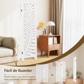 Biombo dobrável de 3 painéis 121 x 170 cm para quarto em madeira de paulownia, tela de privacidade com padrões requintados branco
